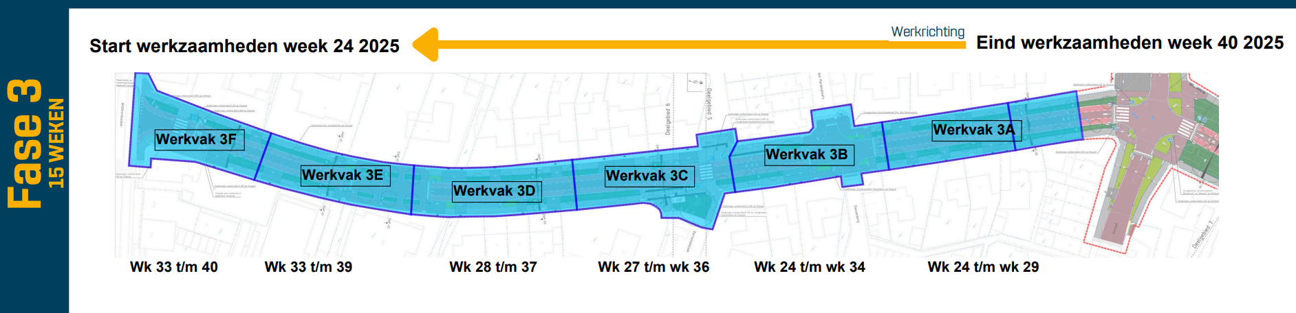 Werkvakken tijdens de werkzaamheden Bergstraat fase 3