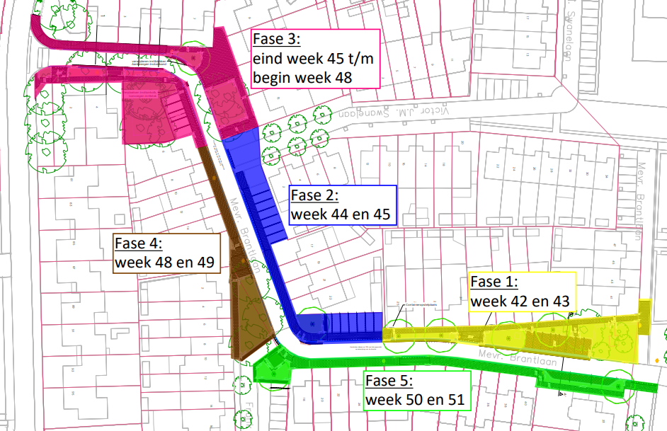 Planningskaart van de wegwerkzaamheden aan de Mevrouw Brantlaan die dur van oktober tot december 2025.