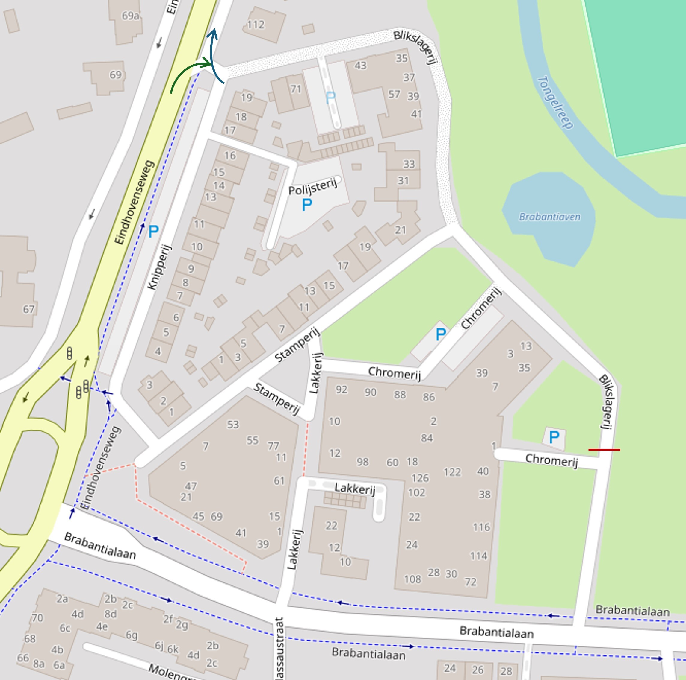 . De Blikslagerij is, vanaf de kant van de Brabantialaan, afgesloten vanaf de ingang van de parkeergarage (de rode streep).