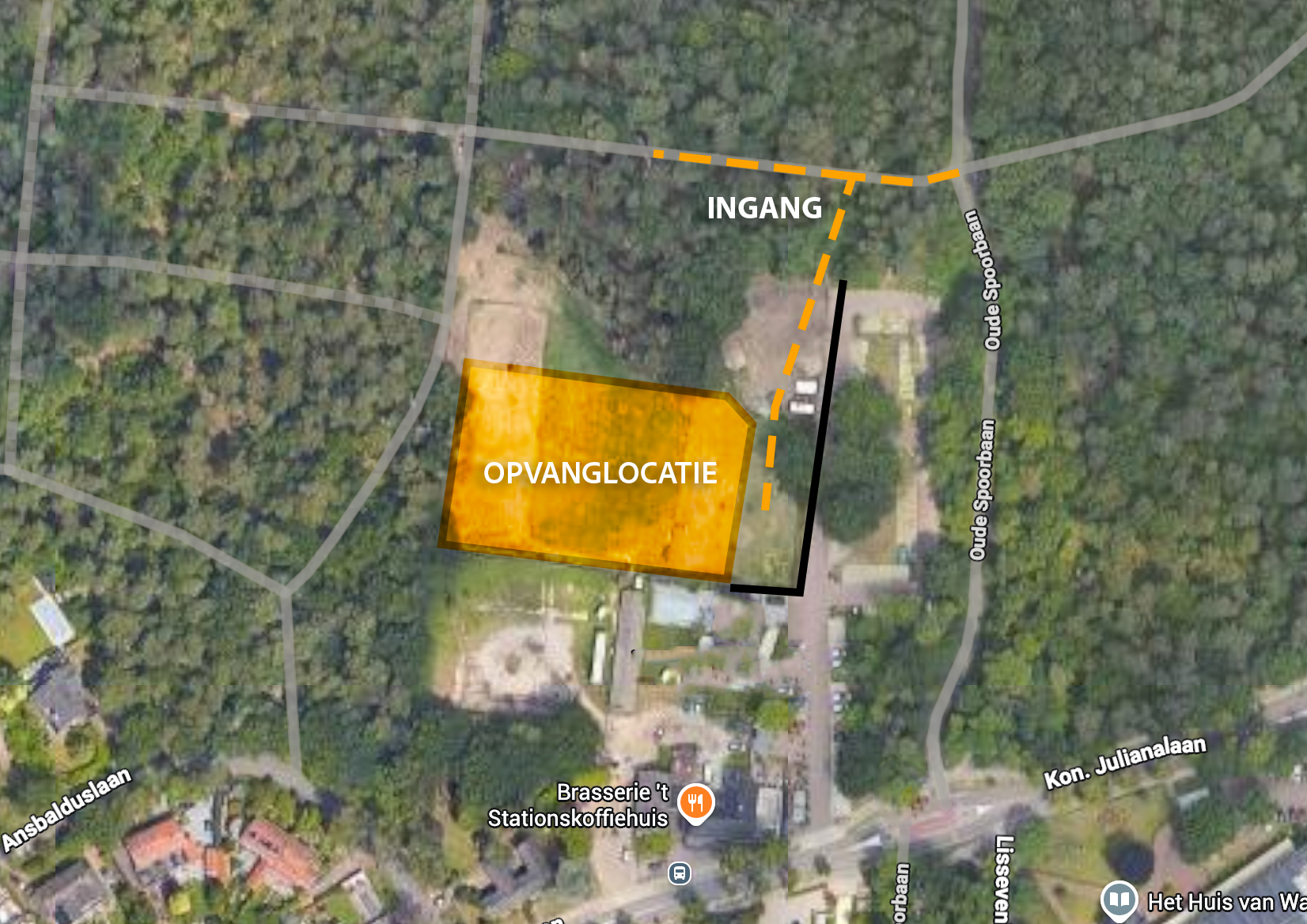 Kaart van het voormalige Boerenbondterrein in Waalre met de opvanglocatie en de gemarkeerde looproute naar de ingang.