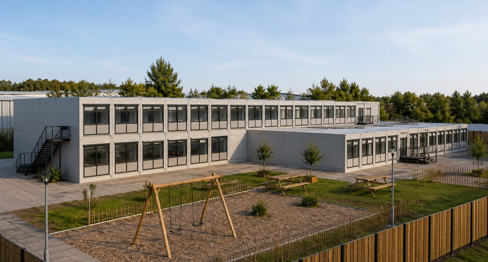 Twee verdiepingen tellend gebouw met grote ramen, omringd door een tuin met speeltoestel, picknicktafels en jonge bomen.